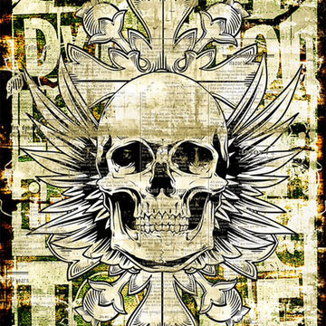 Close-up of a rice paper featuring a striking skull with wings design against a grunge newsprint background with block letter words.