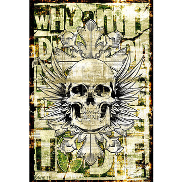 Rice paper featuring a striking skull with wings design against a grunge newsprint background with block letter words.