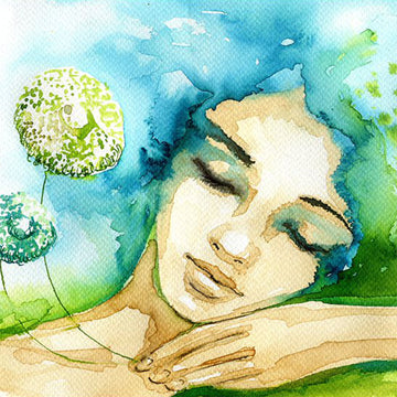 Close-up of a rice paper featuring a beautiful blue and green watercolor image of a serene woman holding dandelions.