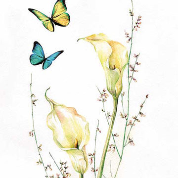Close-up of a rice paper that features beautiful Calla Lilies and dancing butterflies.