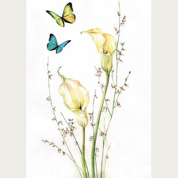 Rice paper that features beautiful Calla Lilies and dancing butterflies. Light beige borders are on the sides.