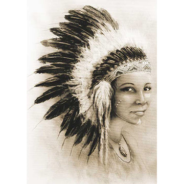 Rice paper featuring a stunning sepia image of a Native American woman in a feathered headdress.