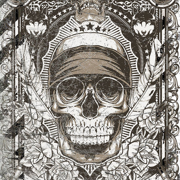 Close-up of a rice paper design featuring a skull adorned with beautiful flowers and intricate details in black and white.