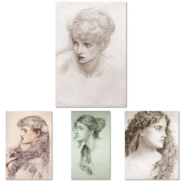 Rice paper featuring four beautiful profile sketches of women, including two in black and white, one in sepia, and one in green.