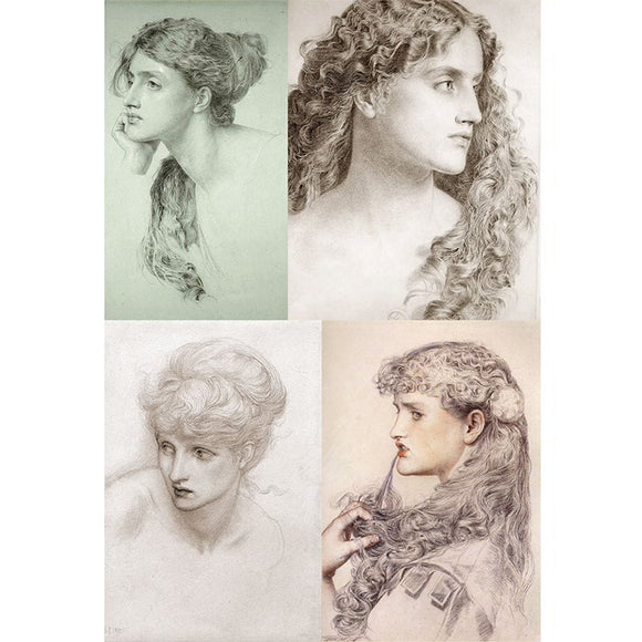 Rice paper featuring four beautiful profile sketches of women, including two in black and white, one in sepia, and one in green.