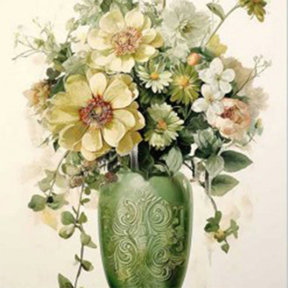 Close-up of a rice paper featuring a beautiful green vase bursting with a bouquet of cream and yellow flowers.