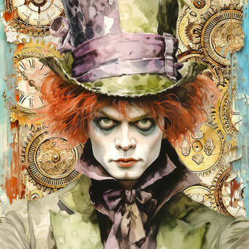 Close-up of a rice paper design that features a gothic mad hatter in green surrounded by clocks.