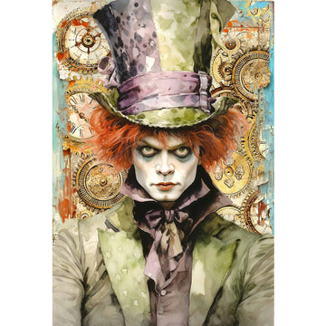 Rice paper design that features a gothic mad hatter in green surrounded by clocks. White borders are on the sides.