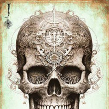 Close-up of 'Jack of Gears' decoupage paper by Paper Designs Italy, showing a skull adorned with intricate mechanical gears, clockwork elements, and ornamental patterns. The design features a weathered green and tan background with a distressed border.