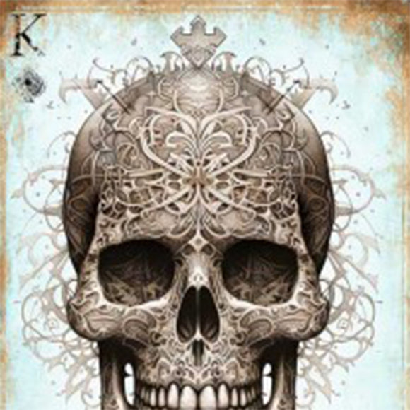 Close-up of the 'King of Skulls' decoupage paper by Paper Designs Italy, highlighting a detailed skull with ornate, symmetrical scrollwork and a crown-like design at the top. Background features a distressed, blue-toned texture.