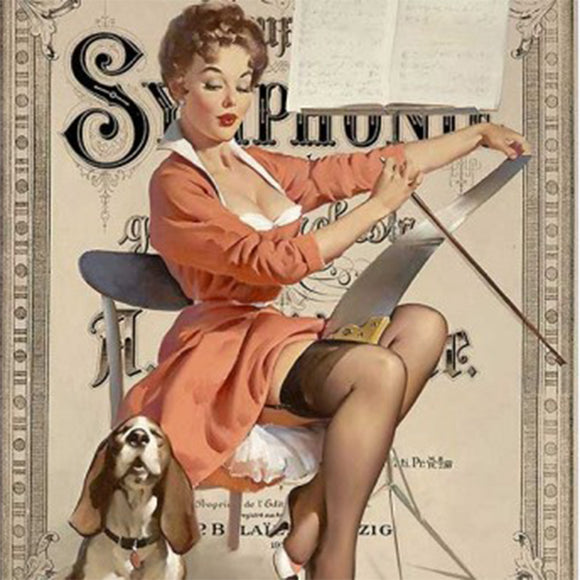 Close-up of a rice paper featuring a saw-playing lady and a howling hound against a vintage symphony flyer backdrop.