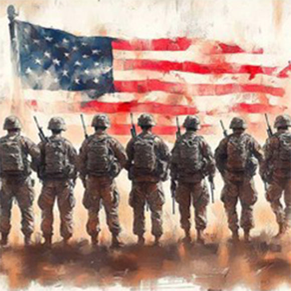Close-up of a rice paper design featuring a row of uniformed soldiers facing the American flag.
