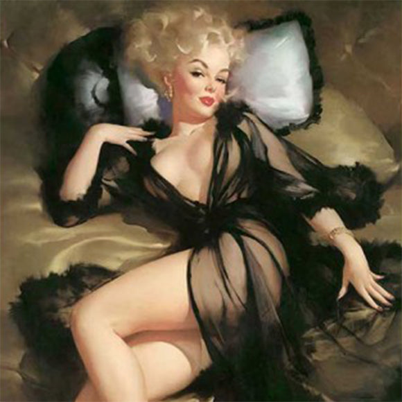 Close-up of a rice paper design featuring an alluring lady draped in a sheer black robe, lounging on luscious satin.