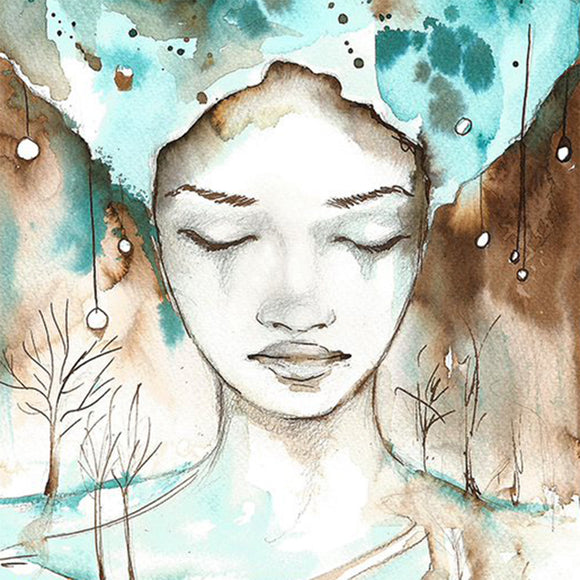 Close-up of a rice paper featuring a watercolor painting of a mystical woman in soothing blue and brown hues set against a wintery background.