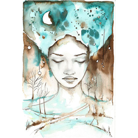 Rice paper featuring a watercolor painting of a mystical woman in soothing blue and brown hues set against a wintery background.