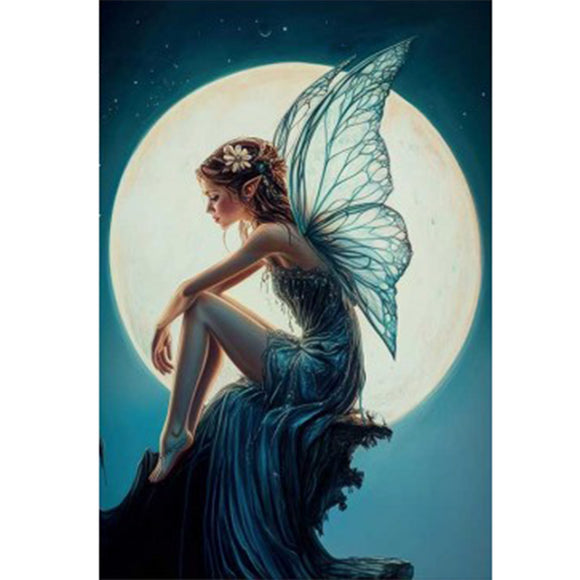 Full sheet of 'Moonlight Fairy' decoupage paper from Paper Designs Italy, showing a dreamy fairy in a flowing blue gown seated on a cliff's edge, illuminated by moonlight with a starry night sky in the background.
