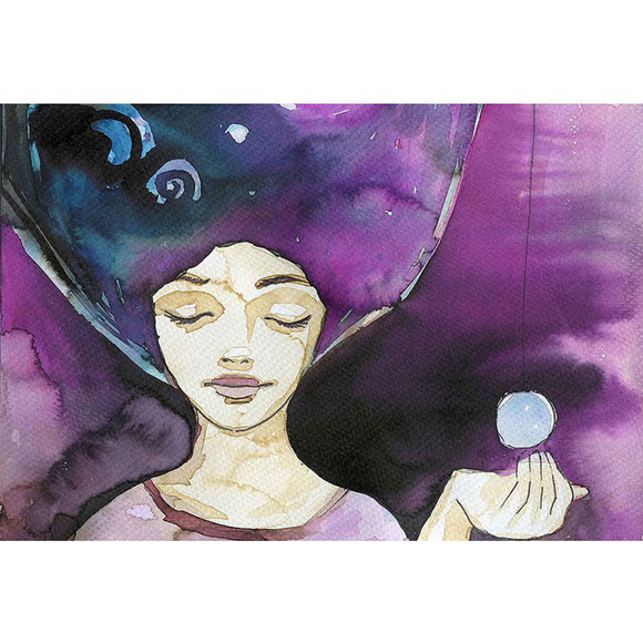 Rice paper featuring a strong woman with vibrant purple hair, holding the moon in her hand against a striking purple sky.