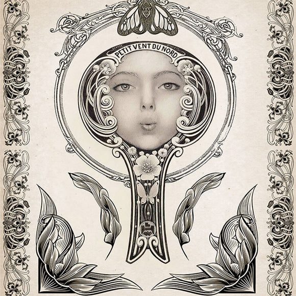 Close-up of a rice paper featuring a monotone art nouveau design of a woman’s face framed by elegant flourishes.