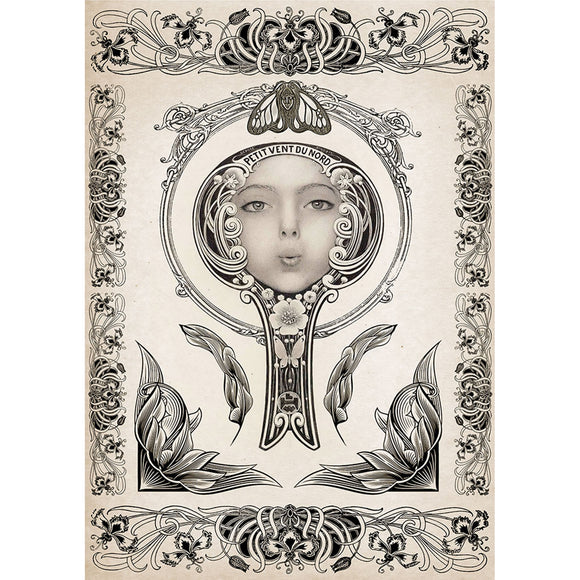 Rice paper featuring a monotone art nouveau design of a woman’s face framed by elegant flourishes.