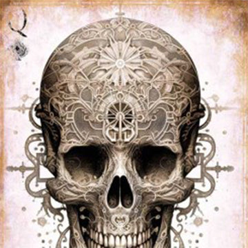 Close-up of 'Oracle Queen' decoupage paper by Paper Designs Italy, featuring an intricately detailed skull with symmetrical filigree patterns, celestial and compass-inspired elements, and a crown motif. Faint blush pink tones and aged edges create a mystical vintage look.