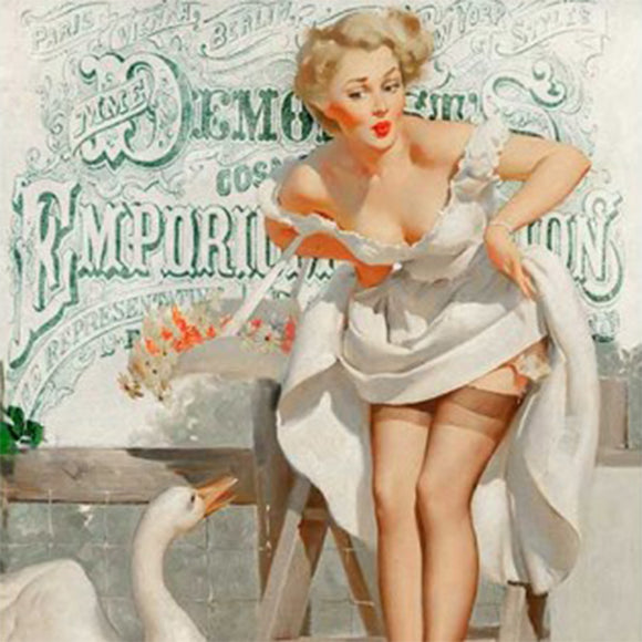 Close-up of a rice paper featuring a woman in a white dress posing in front of a retro Emporium sign, with a mischievous goose waiting at the bottom of a charming small wooden staircase.