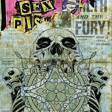 Close-up of a rice paper featuring a ripped newspaper layered over a bright pink Sex Pistols band flyer with a striking skull design and the word Darkness under it.