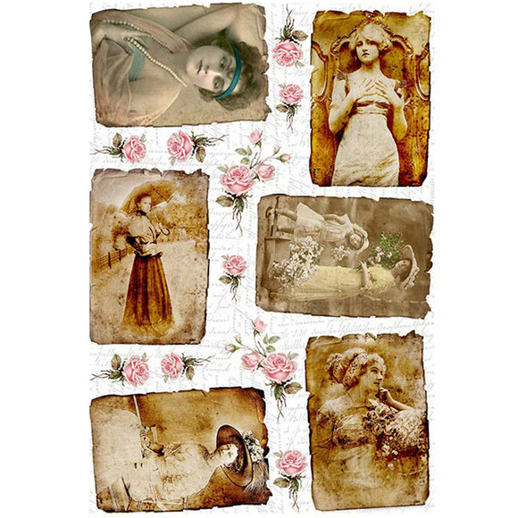 Rice paper featuring 6 portraits of charming photographs of elegant ladies from bygone eras, beautifully framed with single delicate pink roses.