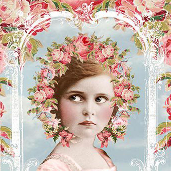 Close-up of a rice paper featuring 5 varying sizes of an adorable little Victorian girl wearing a crown of pink roses, standing beneath a magical archway of blooming roses against a dreamy pale blue background.