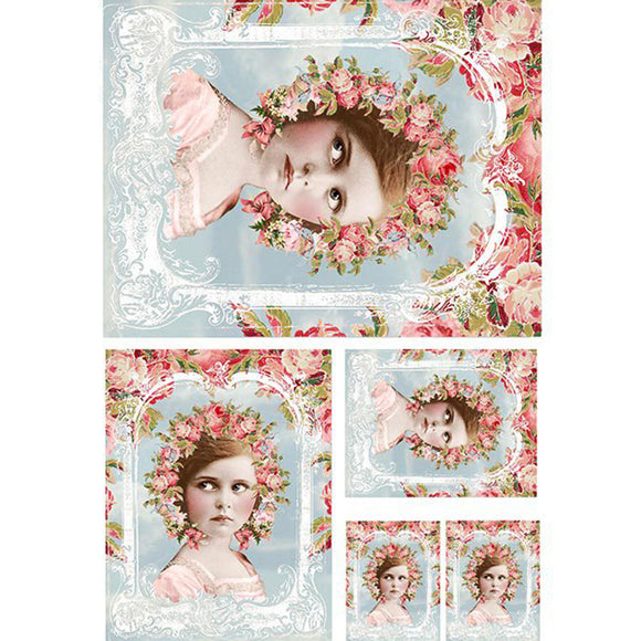Rice paper featuring 5 varying sizes of an adorable little Victorian girl wearing a crown of pink roses, standing beneath a magical archway of blooming roses against a dreamy pale blue background.