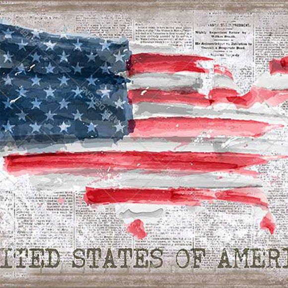 Close-up of a rice paper design that features a painting of the American flag in the shape of the United States over vintage print.