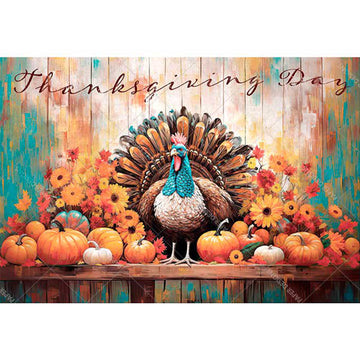 Rice paper featuring a charming turkey centerpiece surrounded by fall flowers and pumpkins on a wood board against a rustic wood panel backdrop that says Thanksgiving Day.