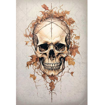 Rice paper design that features a skull covered with decaying leaves. White border are on the sides.