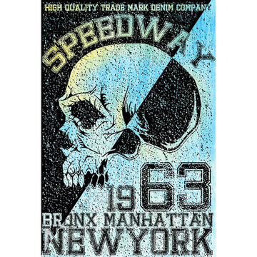 Rice paper featuring a bold split blue and black skull design with block letters reading "Speedway 1963 Bronx Manhattan New York".