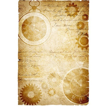 Rice paper featuring a sepia-toned vintage document with script over cogs, gears, and clock faces.