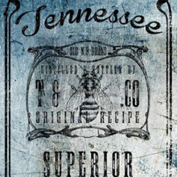 Close-up of a rice paper featuring a vibrant blue Tennessee whiskey label design.