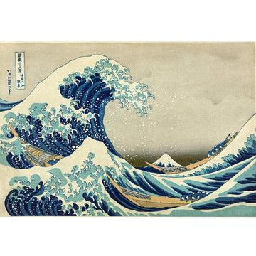 Rice paper featuring a Japanese inspired drawing of long boats in crashing blue waves against a beige sky with Mt. Fuji in the distance.