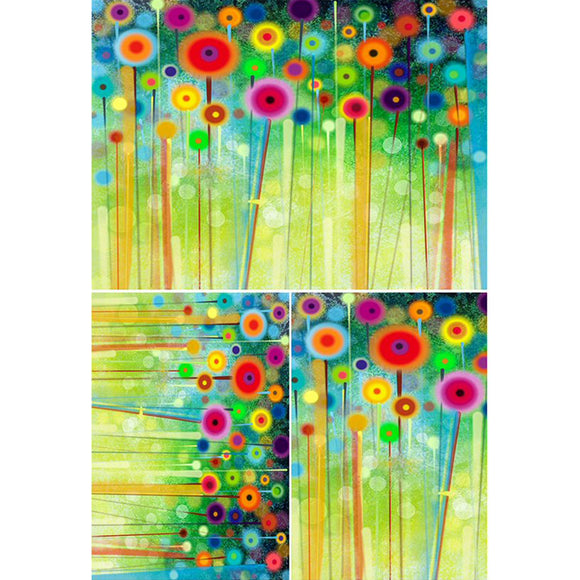 Rice paper featuring a whimsical vibrant rainbow of dandelion flowers against a green backdrop.