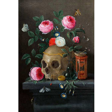Rice paper featuring a still life painting of a skull surrounded by delicate pink and white flowers.