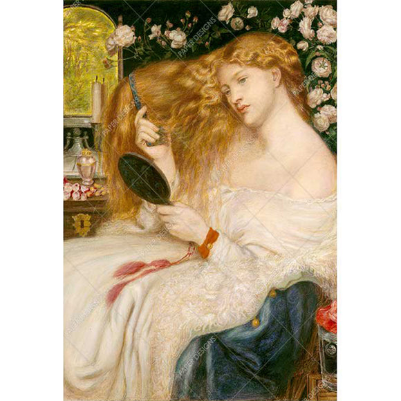 Rice paper featuring a red-headed beauty brushing her locks at her vanity against a floral background.