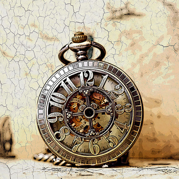 Close-up of a rice paper featuring a vintage pocket watch against a crackle background.