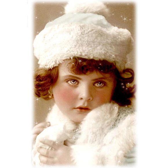 Rice paper featuring a vintage portrait photograph of an adorable girl all snuggly in her white fur coat and matching hat, ready for frosty adventures.