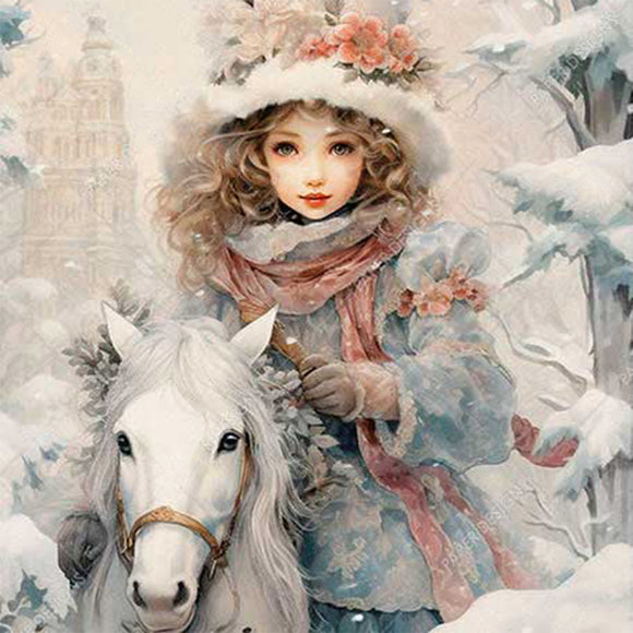 Close-up of a rice paper featuring a young woman on a white horse in a wintery forest.