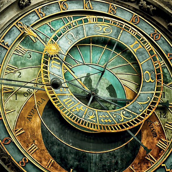 Close-up of a rice paper featuring an intricate antique zodiac clock in patina colors frames in gothic skeleton designs.