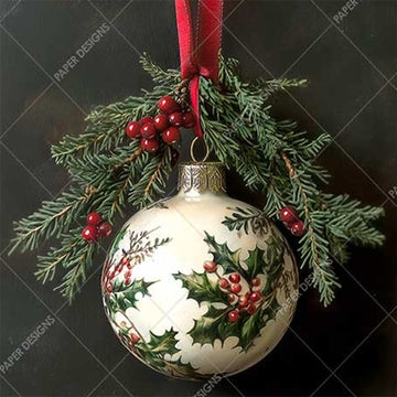 Decorative Christmas ball ornament with holly design hanging on a branch against a dark background.