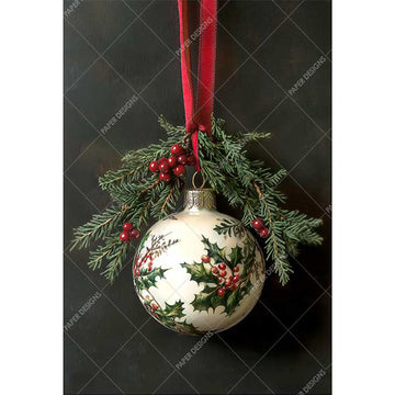 Decorative Christmas ornament with holly design on a dark background