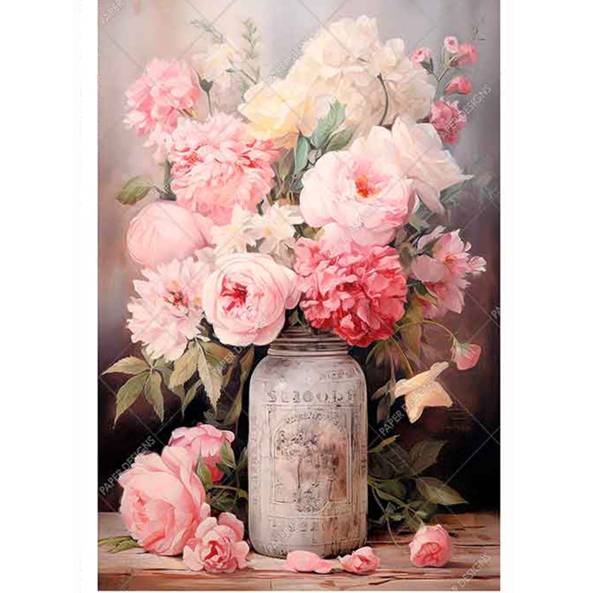Pink Flowers in a Mason Jar A4 Rice Decoupage Paper - 0