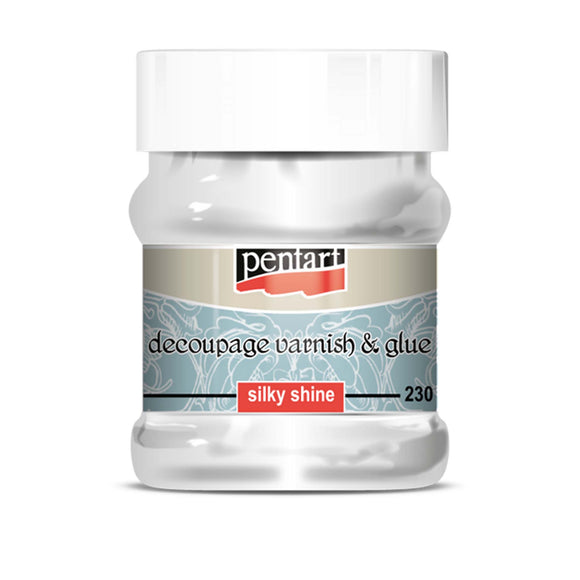A 230ml container of Pentart's Silky Shine Varnish Water Based Decoupage Glue is against a white background.