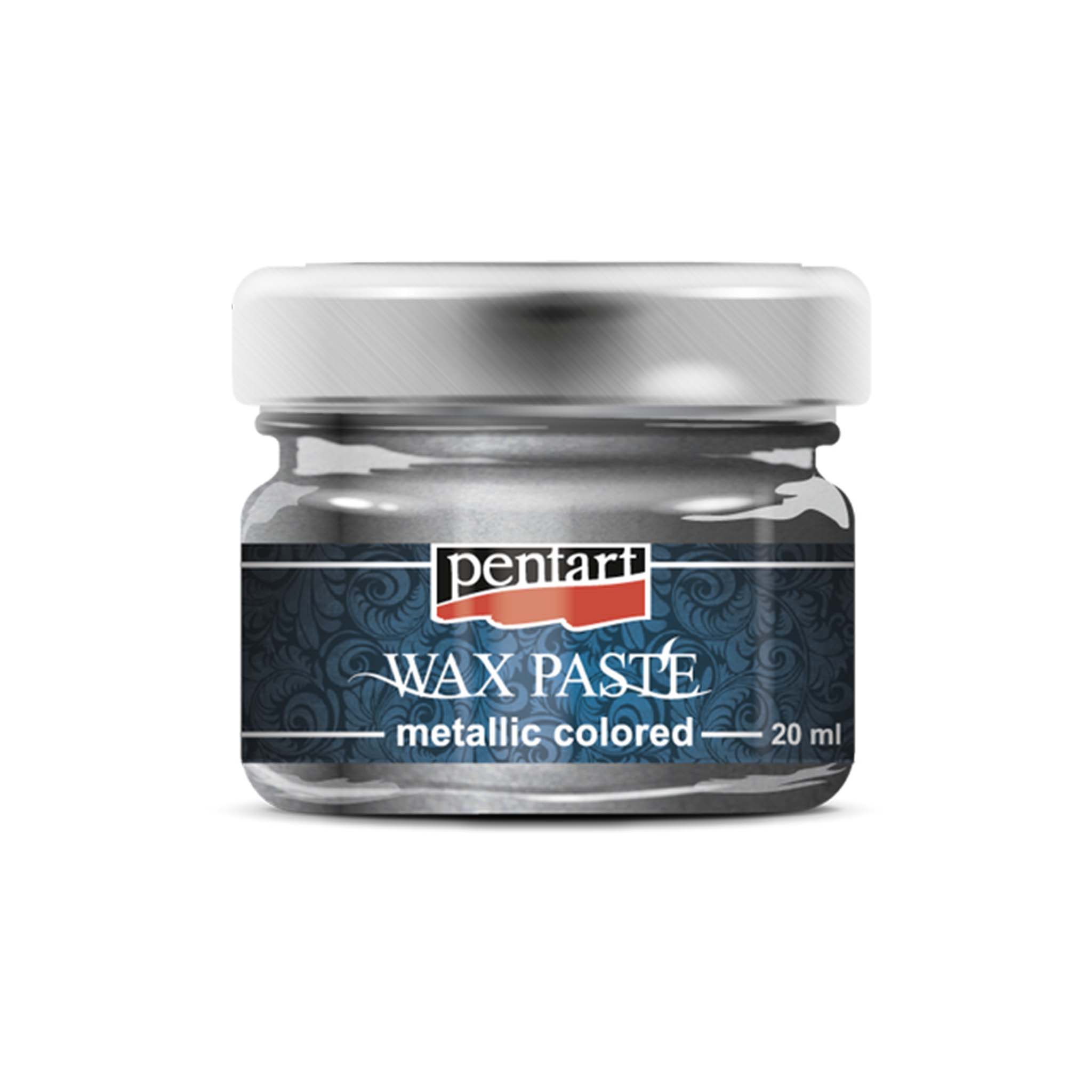 A closed jar of a 20ml/0.68 ounce jar of metallic Graphite wax paste by Pentart is against a white background.