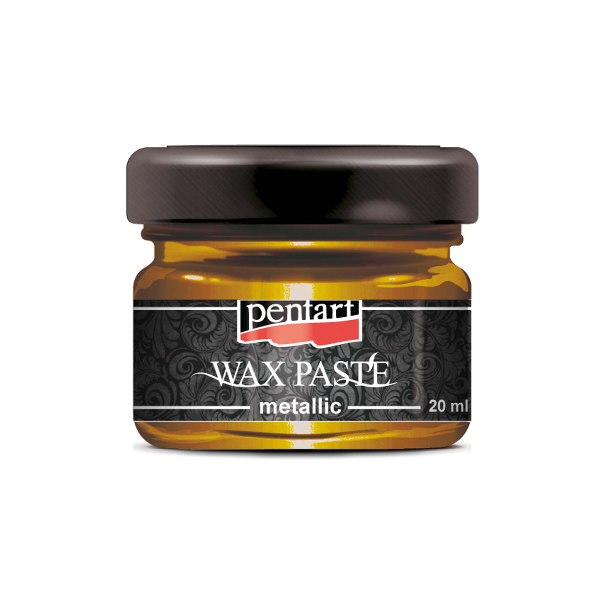 A jar of a 20ml/0.68 ounce jar of metallic Honey Gold Wax Paste by Pentart is against a white background.