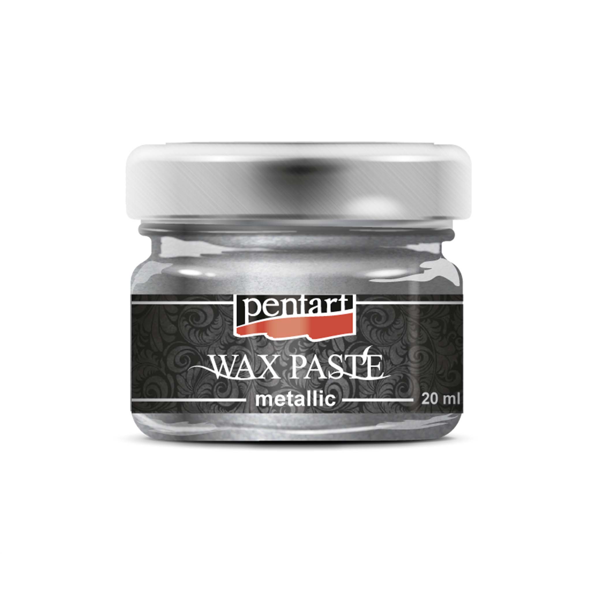 A jar of a 0.68 ounce jar of metallic silver wax paste by Pentart is against a white background.